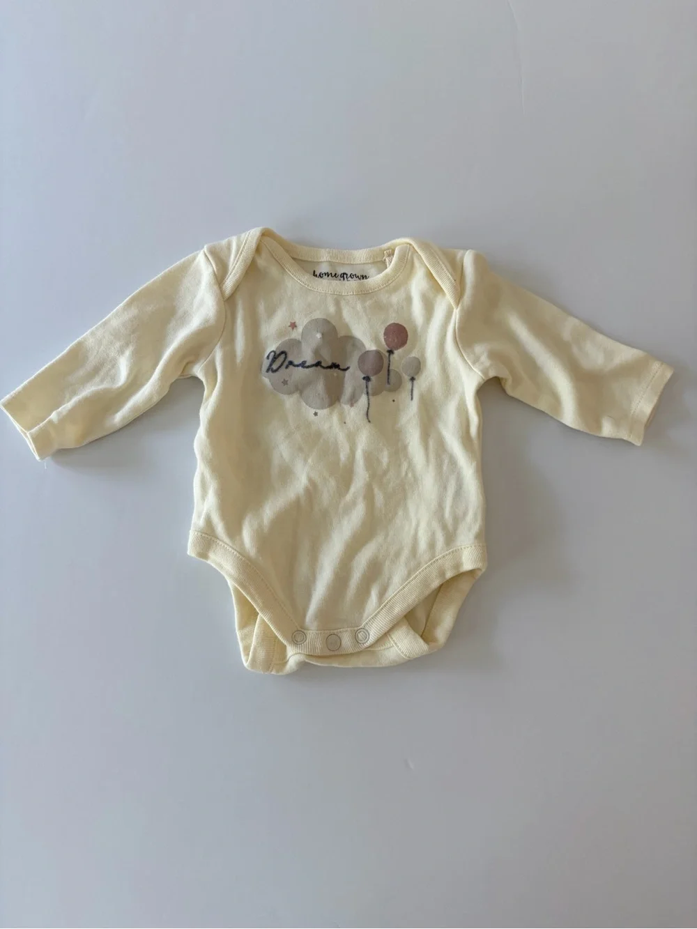 Home Grown Baby Ivory Long Sleeve Cotton Bodysuit 0-3 Months Dream And Balloons